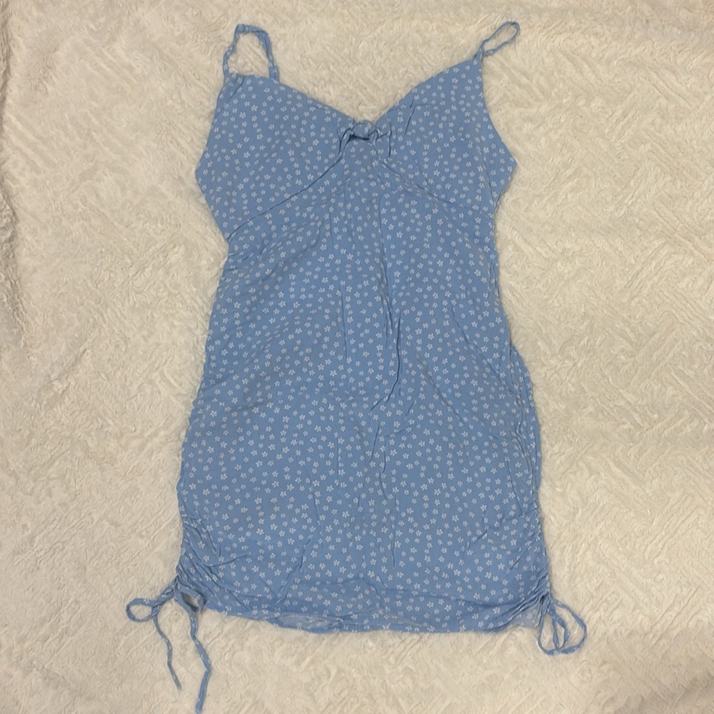 L.A. Hearts Blue Floral Print Mini Dress Drawstring Ruched Spaghetti Strap‎